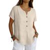 Women's Linen Blend Short Sleeve Blouse Notch V Neck Button Front Loose Casual Summer Tunic Top