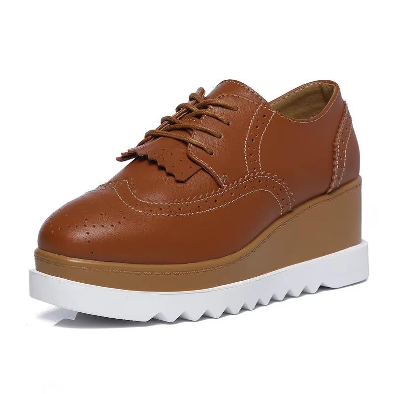Women's Oxford Flats - Genuine Leather Wingtips Lace-Up Comfort Brogue Derby Patent Platform Casual Shoes for Spring Autumn