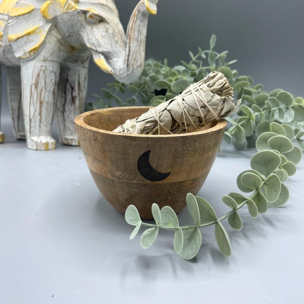 Wooden Smudge Bowl Three Moons Altar 11x7cm