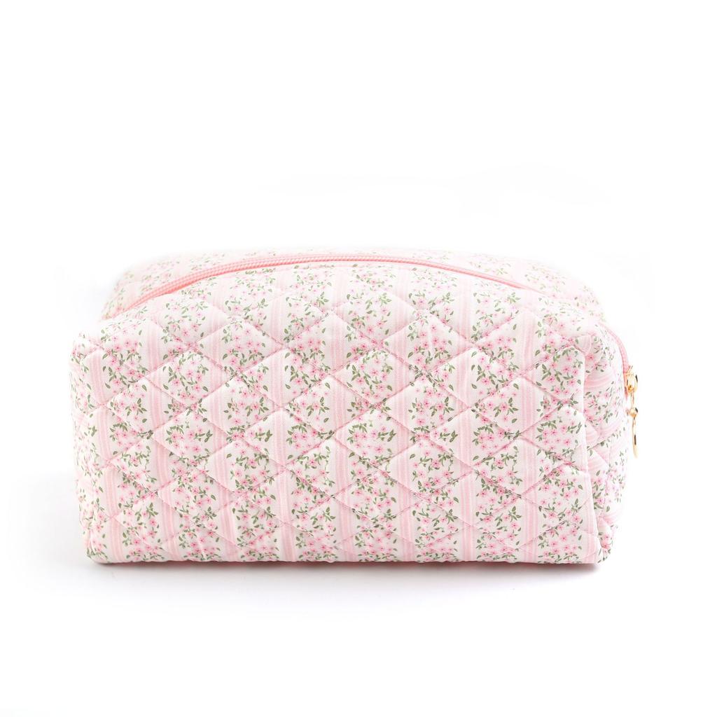 Quilted Cosmetic Bag with Floral Print Large Capacity Makeup Organizer Travel Toiletry Storage Pouch for Women