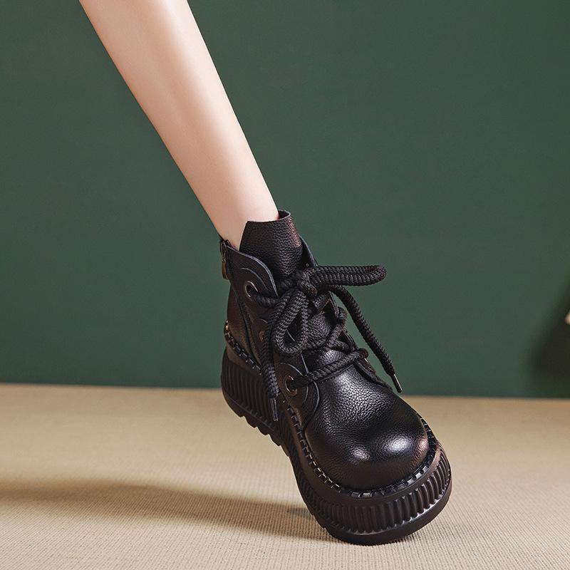 Women's Genuine Leather Retro Platform Ankle Boots - Lightweight, Soft, High-Top (2025 Autumn/Winter Collection)