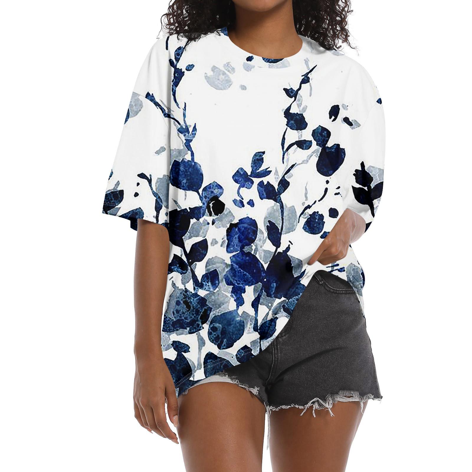 

Рубашка для женщин, модная повседневная свободная футболка с принтом и круглым вырезом, с короткими рукавами и принтом, женский топ M