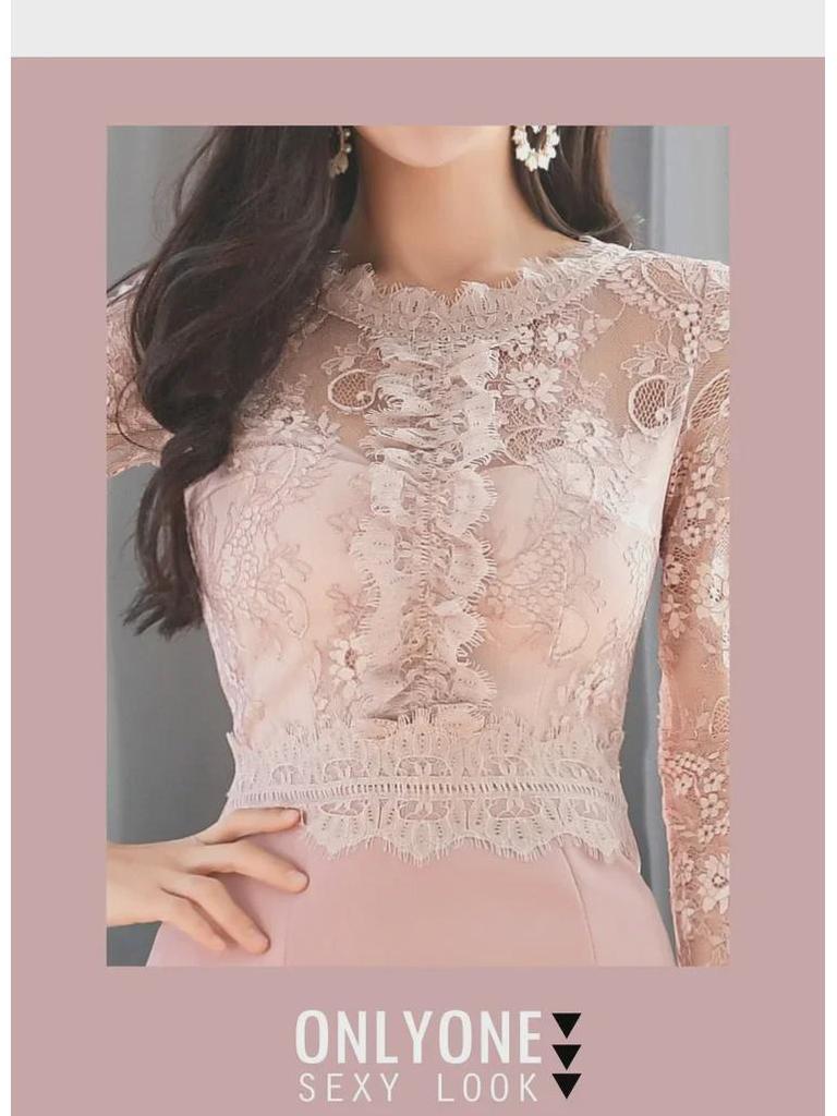 Korean Style Women's Slim Fit Lace Splice Midi Dress