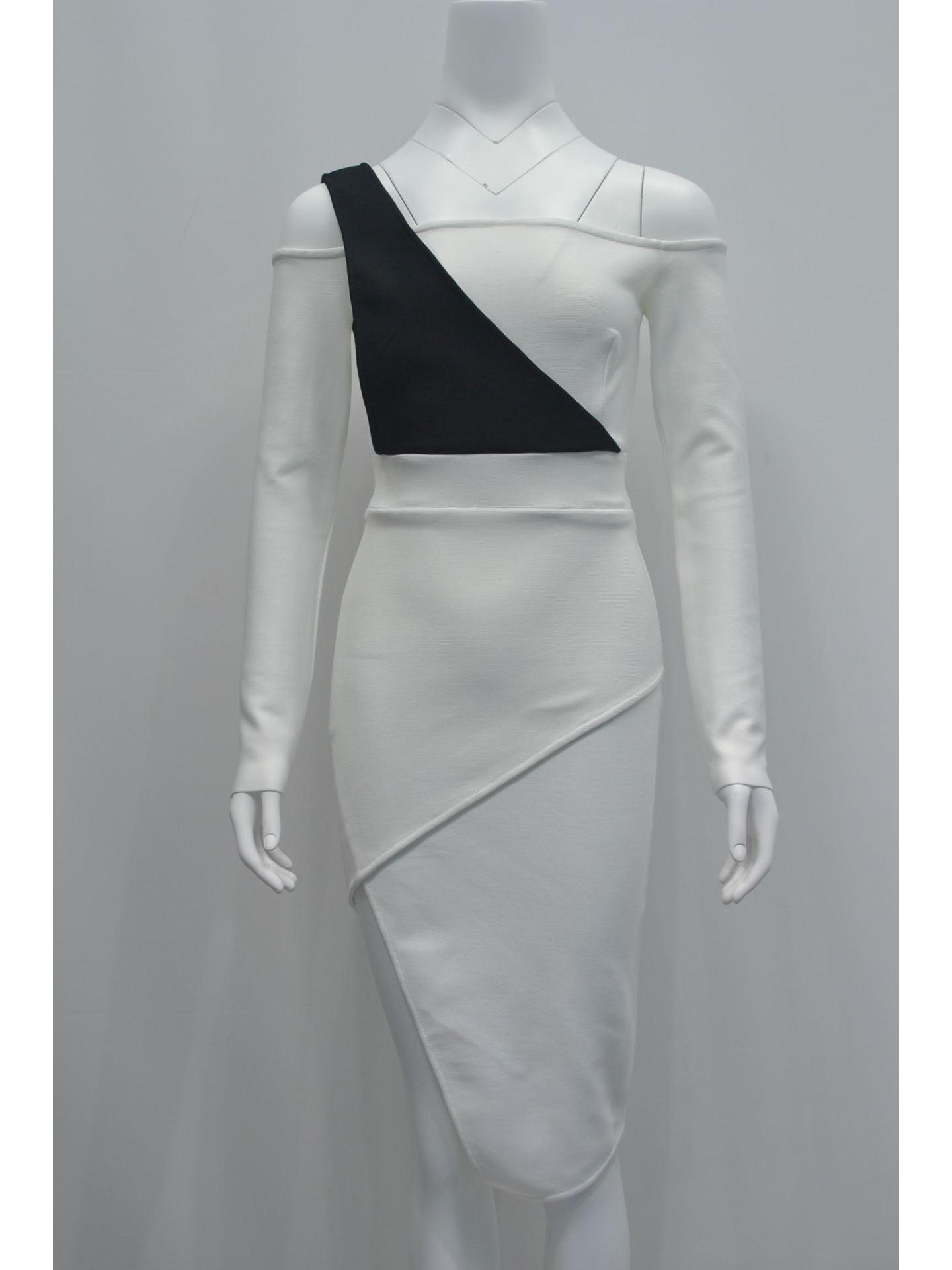 European and American Black & White One-Shoulder Slit Bandage Evening Dress Medium белый