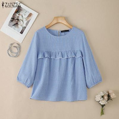 Women Casual Round Neck 3/4 Sleeve Plaid Print Loose Blouse