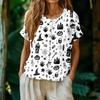 Women's Casual Henley Neck Button Front Shirt Halloween Pumpkin Print Short Sleeve Blouse Lightweight Loose Fit Top
