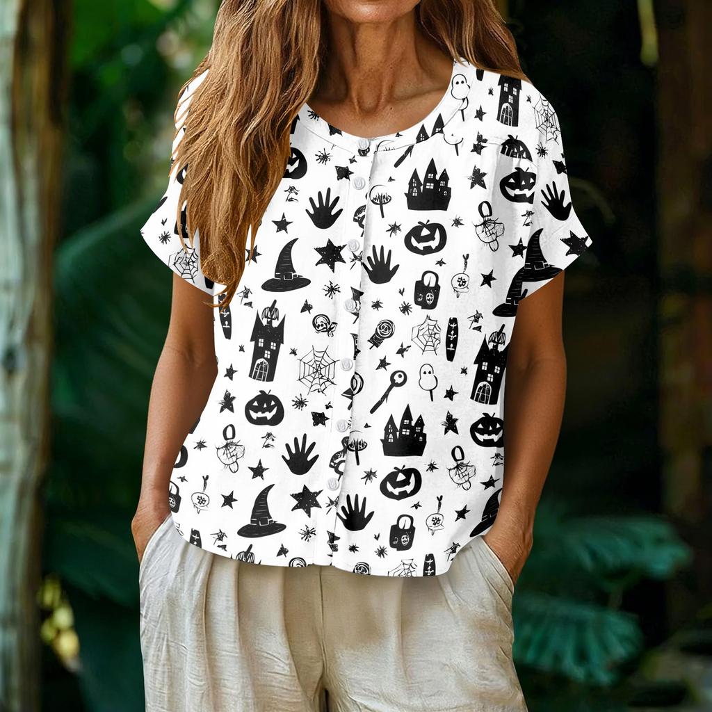 Women's Casual Henley Neck Button Front Shirt Halloween Pumpkin Print Short Sleeve Blouse Lightweight Loose Fit Top