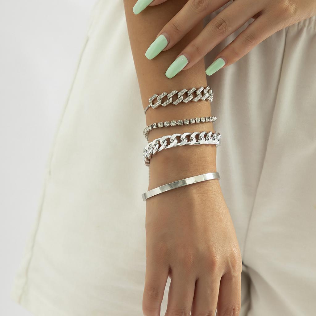 Accessories, Exaggerated Thick Chain Glossy Bracelet Bracelet, Personalized Full Diamond Cuban Buckle Adjustment Bracelet Set