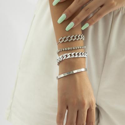 Accessories, Exaggerated Thick Chain Glossy Bracelet Bracelet, Personalized Full Diamond Cuban Buckle Adjustment Bracelet Set
