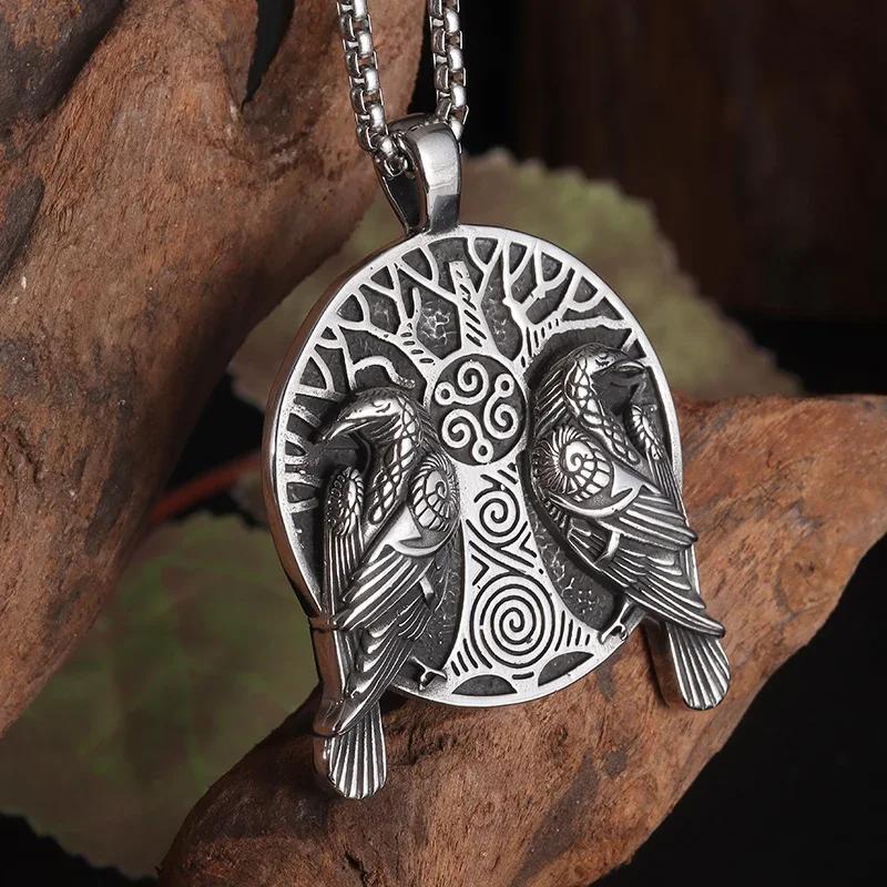 Retro Norse Mythology Double Raven Tree of Life Pendant Necklace for Men Cool Hip Hop Jewelry Gift