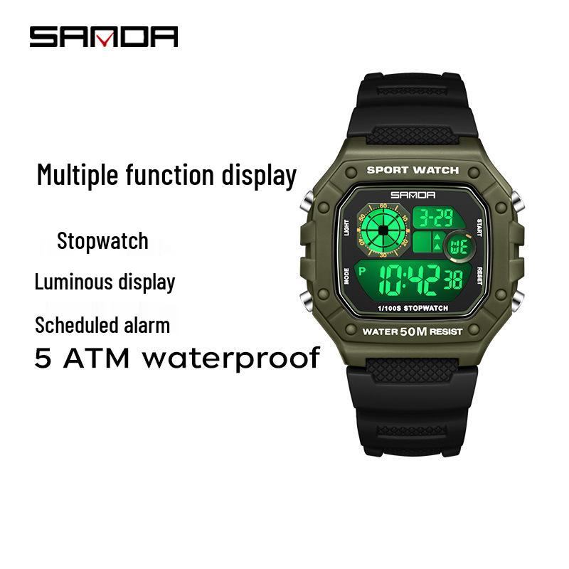 Sanda Teen & Men Multifunctional Waterproof Fashion Square Alarm Clock Watch