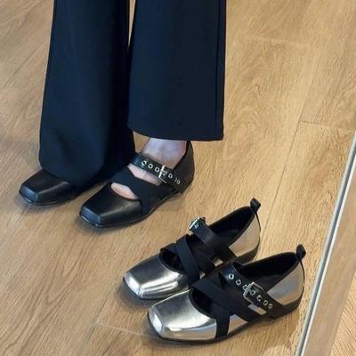 Modne buty na kwadratowym obcasie jesień nowe kwadratowy nosek płytkie nit metalowy pasek wsuwane miękka podeszwa antypoślizgowe buty niskie