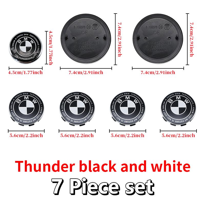 Competition Black White Emblem Set for BMW Hood Trunk Wheel Steering Badge 7Pcs 74m 82mm 68mm 56mm Universal 2-Pin 3-Pin Clips