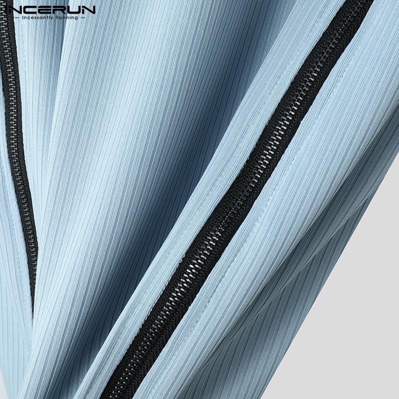 INCERUN Summer Men V Neck Short Sleeve Zip-up Casual Skinny Rib T-shirts Tops