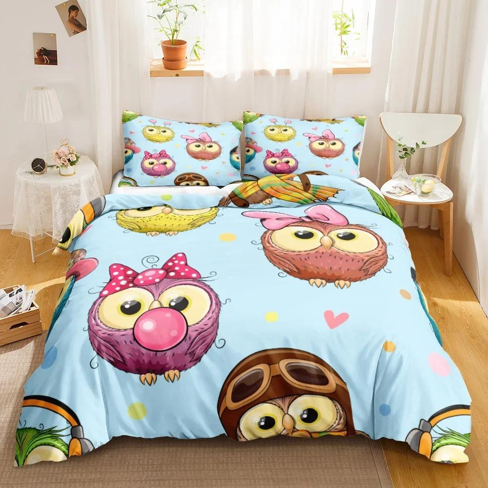 Cartoon Uil Beddengoed Set 3D Dierenprint Dekbedovertrek Vogel Dier Dekbedovertrek Kingsize Nachtzwaluw Zachte Polyester Quilt Overtrek