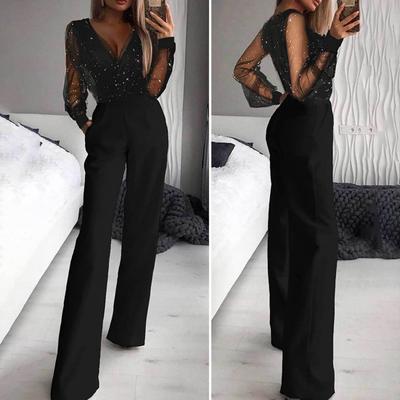Women Jumpsuit See-through Mesh Patchwork High Waist with Pockets Wide Leg V Neck Prom Party Formal Banquet Jumpsuit