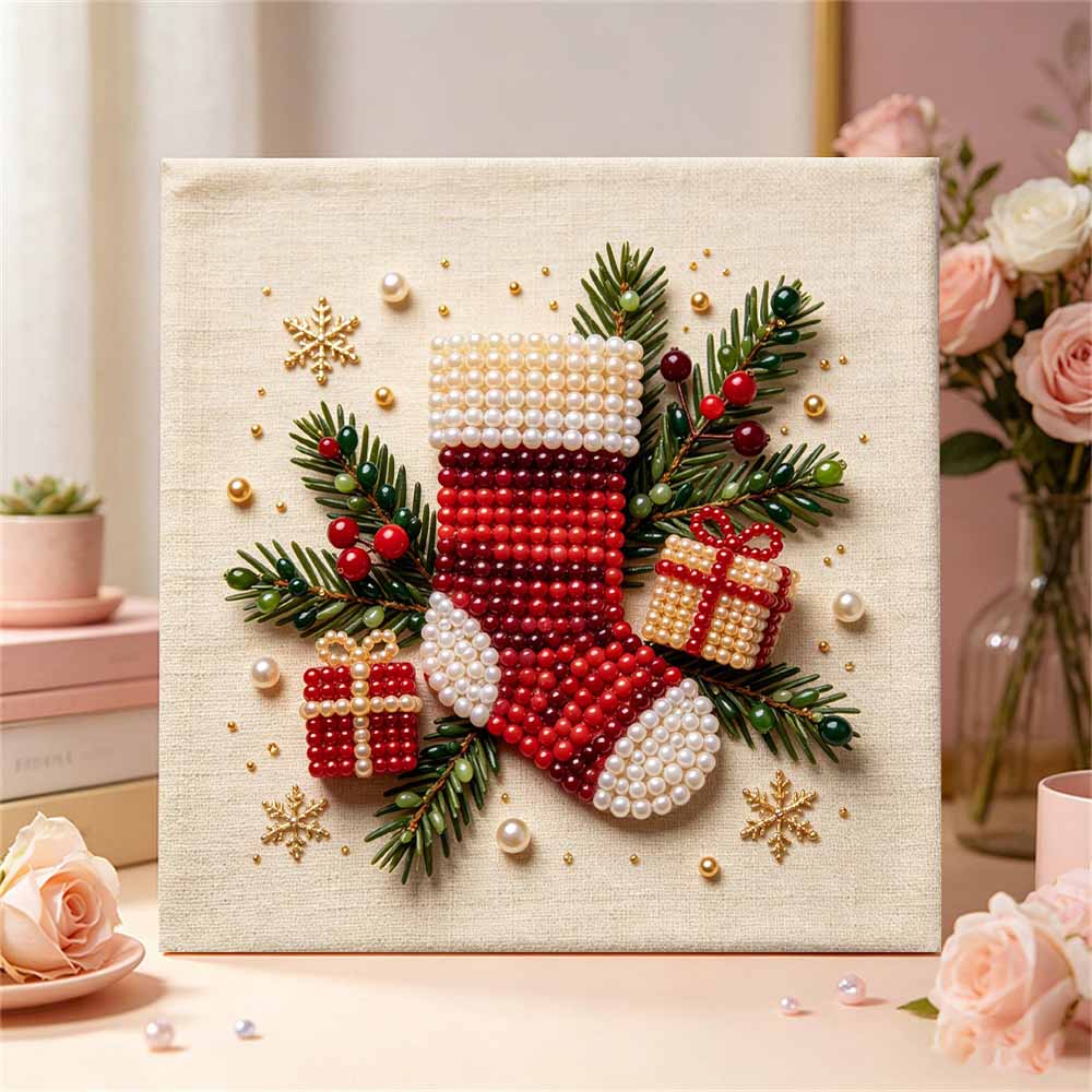 DIY 5D Perlenmalerei-Set Gerahmt mit Weihnachtsstrumpf-Geschenkdesign Funkelndes Perlen-Leinwandbild Kreatives Geschenk für Kinderzimmerdekoration
