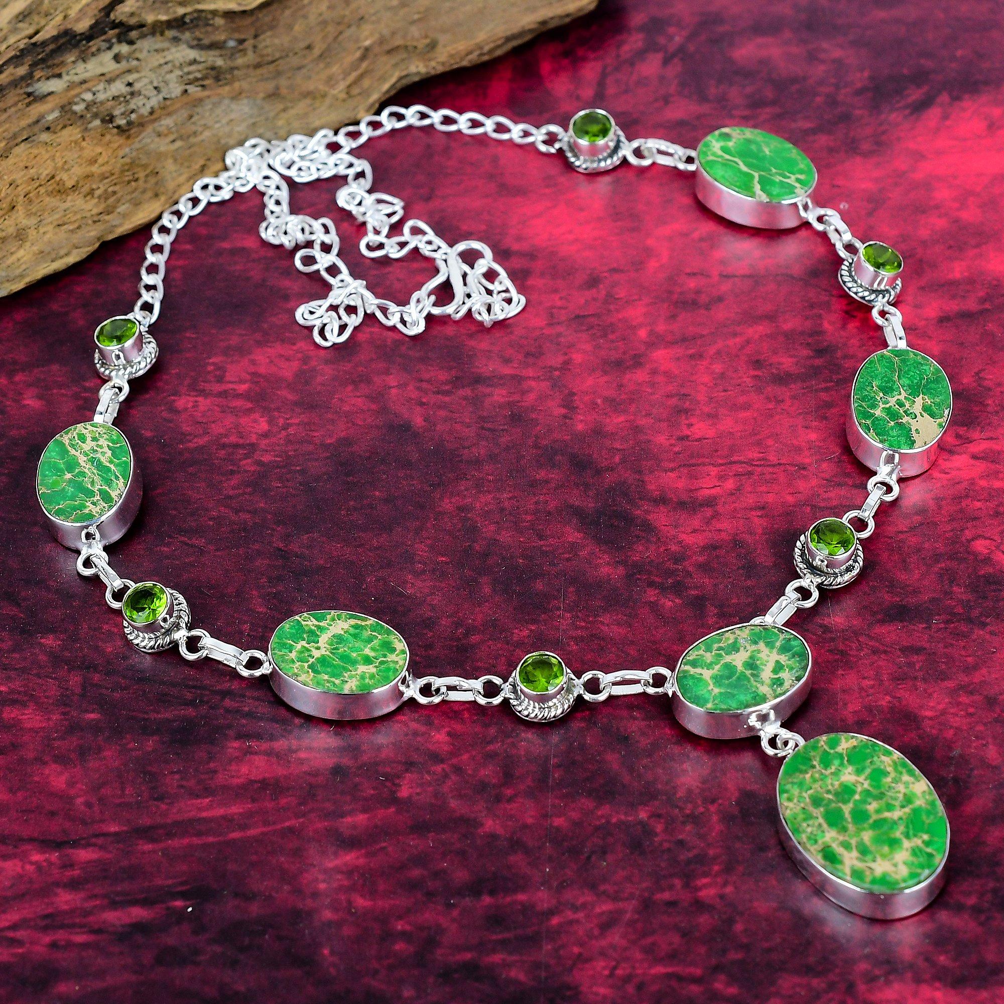 

Green Sea Sediment & Peridot Necklace 925 Solid Sterling Silver Adjustable Chain Necklace Gift For Women, Handmade Gemstone Jewelry Necklace зелёный