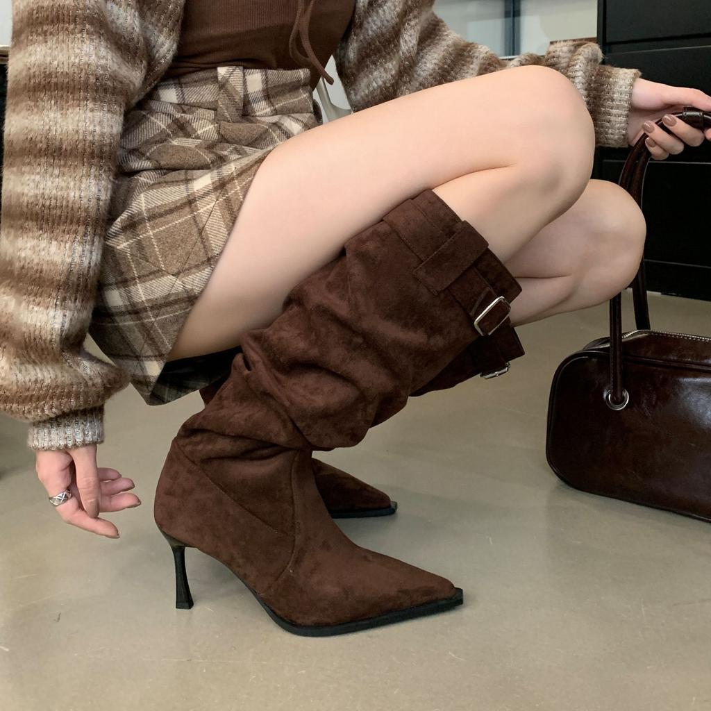 Autumn and winter versatile and thin piled boots pointed thin heels high heels women's knee boots