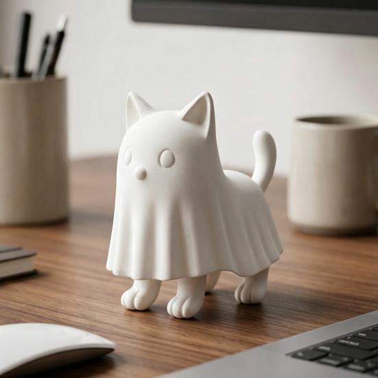 Collectible Kitten Sculpture Ghost Cat Figurine, 3D Printed Cute Cloak Kitty Sculpture, Minimalist Halloween Unique Table Centerpiece Tabletop Decor,