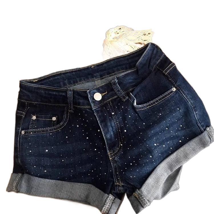 Women's Dark Blue Rhinestone Denim Low-Waist A-Line Bodycon Hot Pants