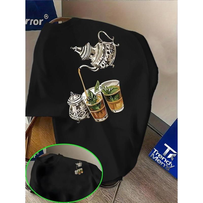 

European sizes Street Style Niche Moroccan Mint Tea Print Round Neck T-Shirt Trendy Cool Design Top, Round Neck Short Sleeve Top 4XL чорний