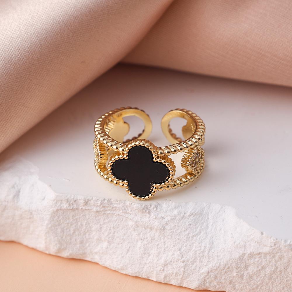 Four-leaf Clover Black and White Ring for Women Accessible Luxury High-end Adjustable Open Ring Couple Ring