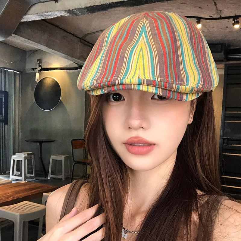 Retro Color Matching Striped Forward Hat Women's Autumn and Winter Casual Versatile Face Small Reverse Wearing Duck Tongue Beret