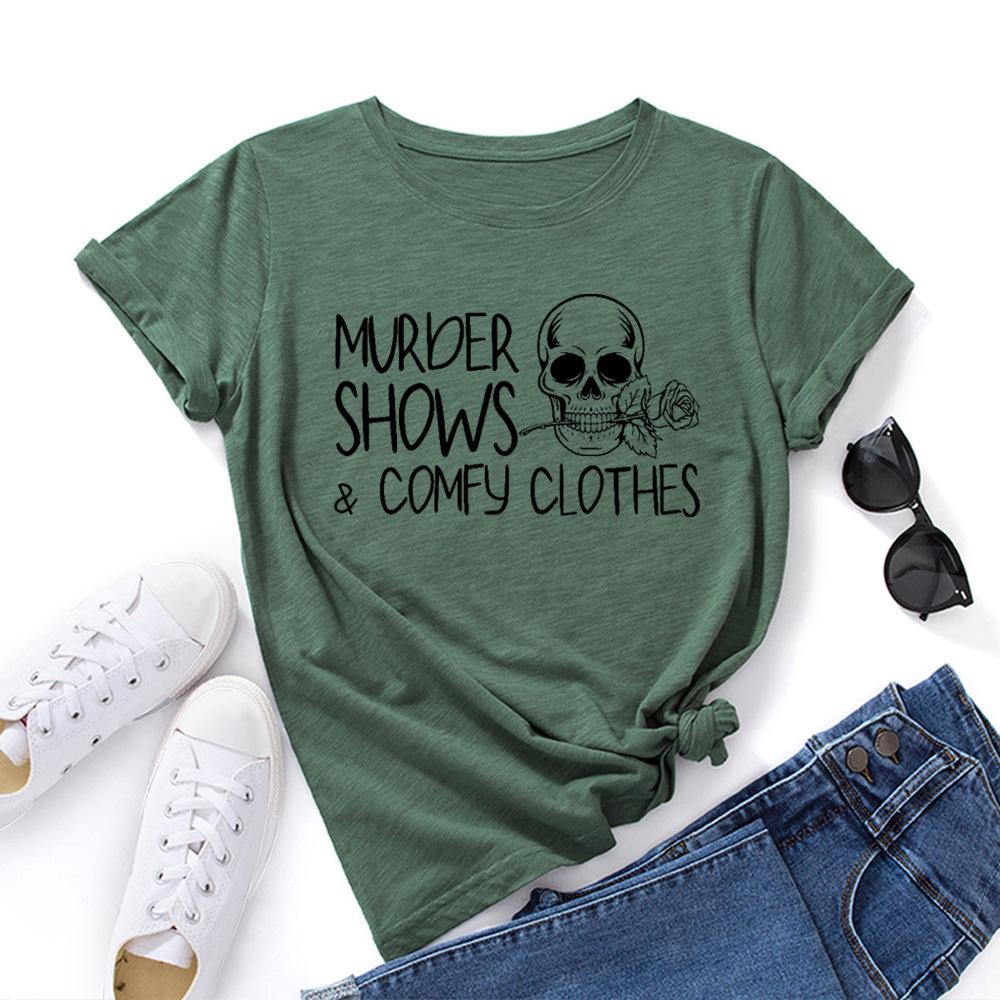 Skull Rose Alphabet Cotton T-Shirt Short Sleeve Round Neck Women 2d Print Tops