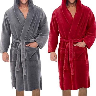 Solid Color Belt Flannel Bath Robe Hooded Pockets Warm Men Nightgown Home Clothes