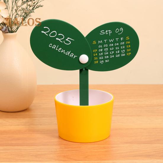 Pen Holder Desk Calendar 2025 Potted Plant Monthly Calendar with Pen Holder Base Tabletop Decoration for Home Office Organizer