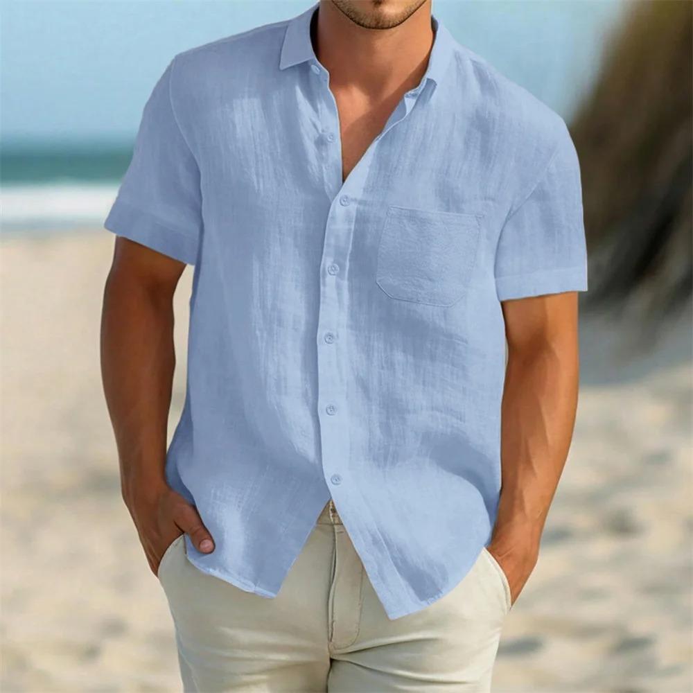 Lightweight Summer Linen Blend Short Sleeve Shirt for Men - Breathable Button Down Chest Pocket Casual Vacation Tops In Solid Colors