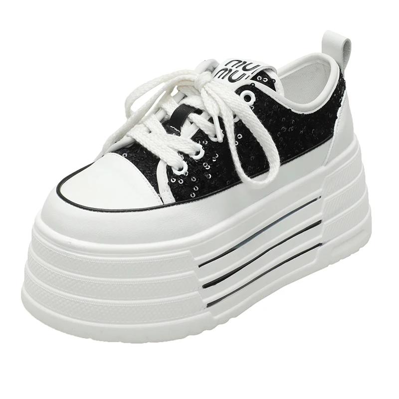 

Fashion Bling Leather Flats Casual Dad Shoes Chunky Sneakers Women Platform Sports Shoes Ladies Skateboard Hidden Heels Shoes Tennis 35 чёрный