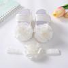 Witte Kant Baby Meisje Ledikant Schoentjes & Bijpassende Elastische Hoofdband Set, Pasgeboren Zacht Antislip Zool Satijnen Strik Bloemen Mary Jane Prinses Schoenen