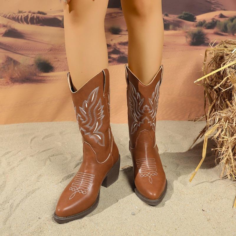 Women's Embroidered Martin Boots, Western Style Mid-Calf Riding Boots, Chunky Heel Cowboy Boots for Women