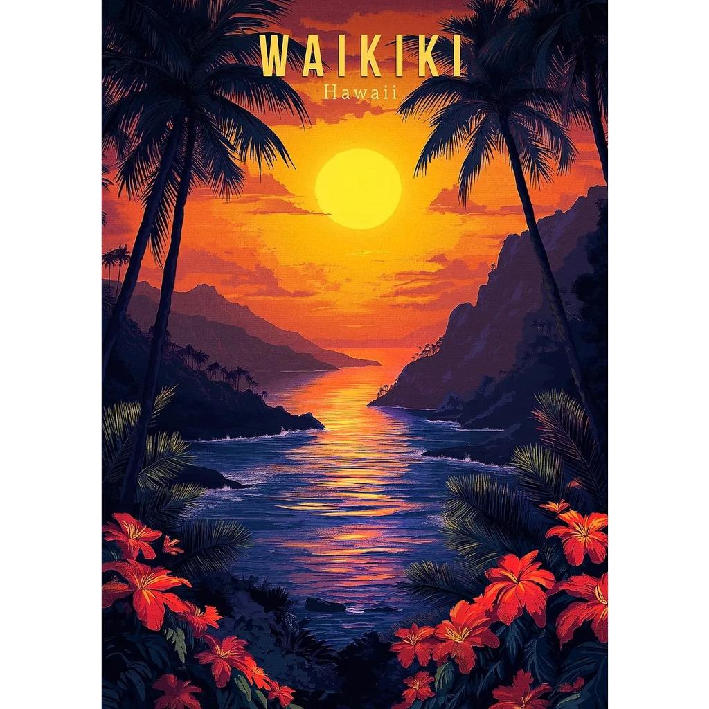 Hawaii Travel Posters Oahu Waikiki Sunset Vintage Tropical Prints Beach Ocean Canvas Painting Wall Art Pictures Home Room Decor