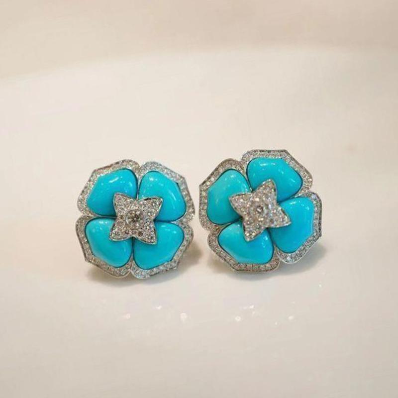 Luxury And Fashionable Turquoise Earings Stud With  Inlaid Blue Flower Earrings For Women Classic Wedding Jewelry Gift