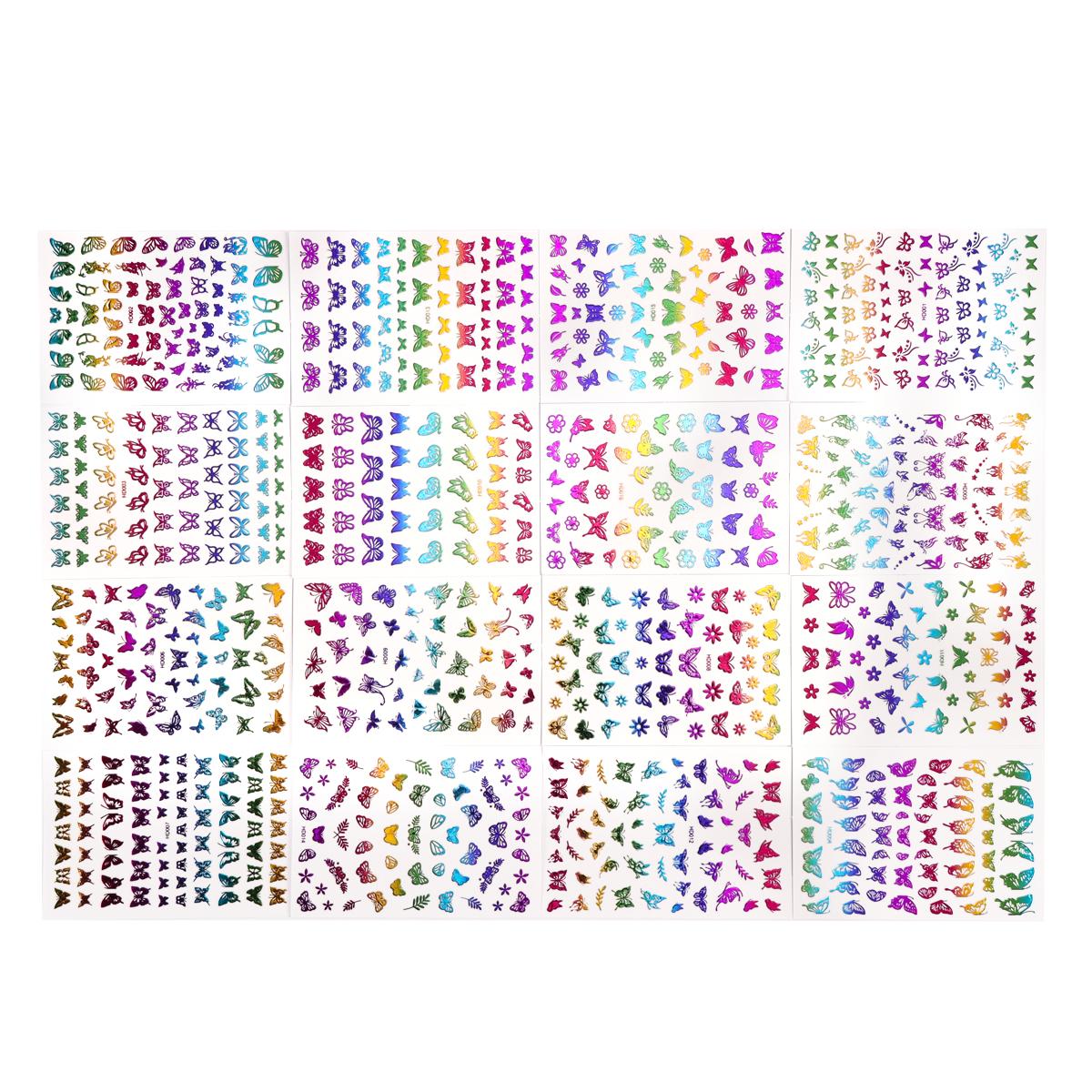 

16 листов голографические 3D наклейки для дизайна ногтей с бабочками, самоклеящиеся наклейки для ногтей, дизайн с рисунком животных из мультфильма, дизайн для летнего маникюра
