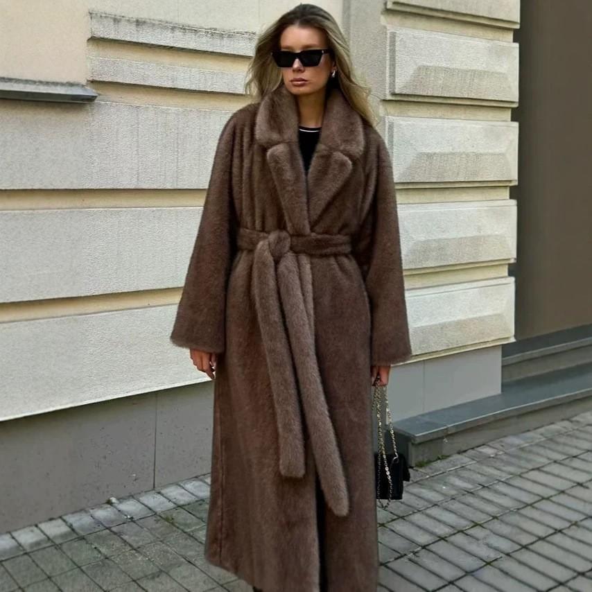 Herbst und Winter Nerzfellmantel Verlängert Mode Imitation Pelzjacke Damen Anzugkragen Gürtel Umweltfreundliches Pelz Oberteil