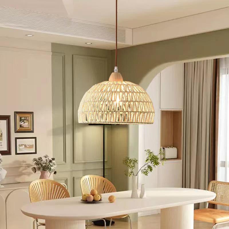 Solid Wood Pendant Light: Japanese Style Dining, Bar, Bedroom, Balcony, Retro Rattan Art, Cream Finish, Long Line Design.