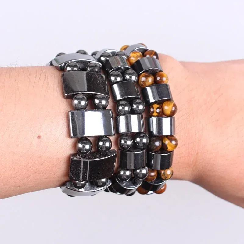 Man Woman Natural Stone Beads Tiger's Eye Hematite Charm Bracelets Men Tiger Eye & Hematite Energy Stone Bracelets Yoga Bangle