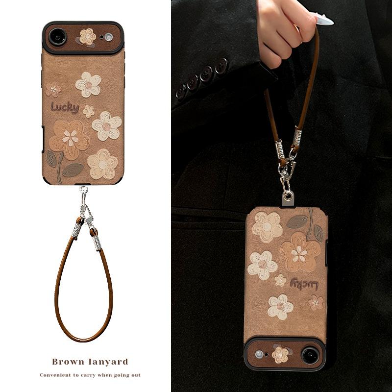 Retro Flower Phone Case For iPhone 13 15 14 16 17 Pro Max Plus 12 11 Wrist Strap Cover Shockproof Funda Back Cover