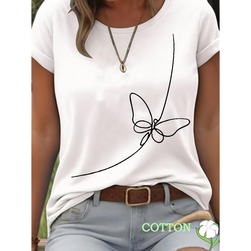 

Minimalist Butterfly Line Printed T-shirt Loose Short Sleeve Literary Commuter Ladies Casual Top XXL чорний