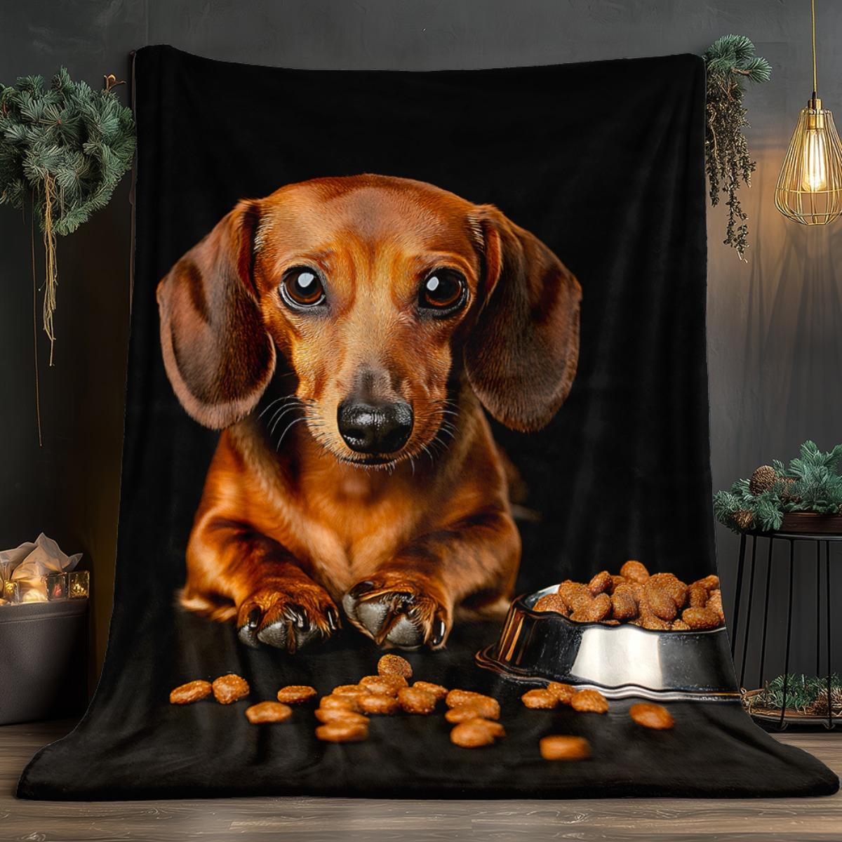 Dachshund dog food bowl flannel blanket cute pet art throw blanket dog lover gift cozy blanket 75X95CM