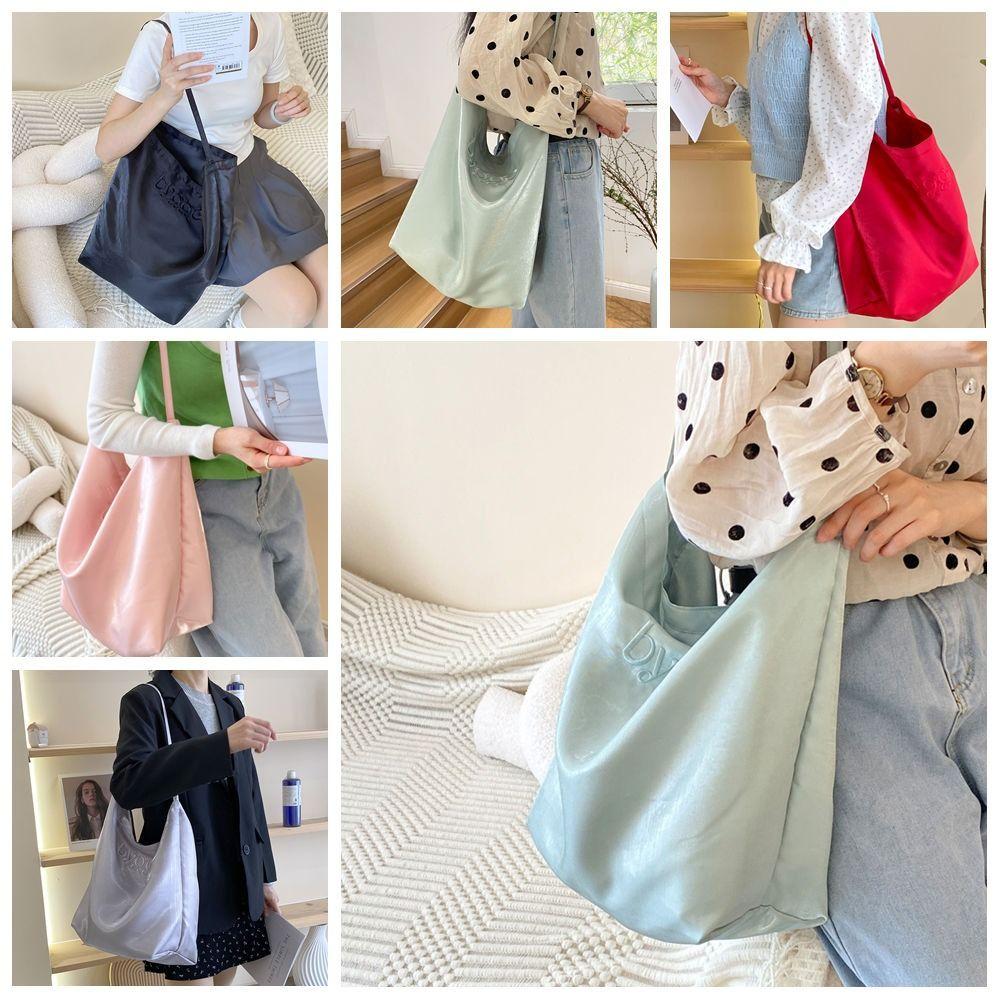 Large Capacity Satin Tote Bag Solid Color Lightweight Underarm Bag Cute Simple Shoulder Bag  Casual
