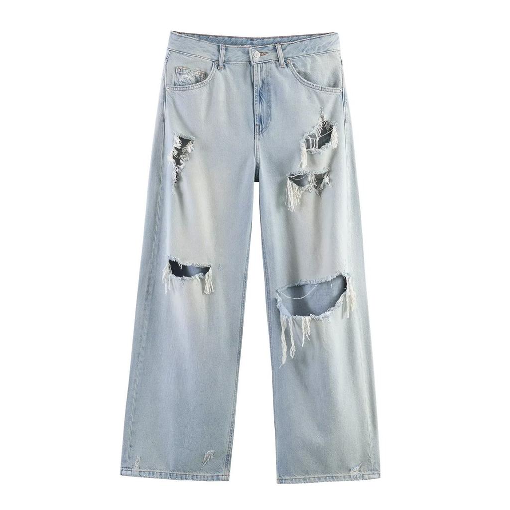 Europäischer und amerikanischer Stil, neue Damenbekleidung, klassische zerrissene dekorative mittelhohe lockere Jeans 1300010