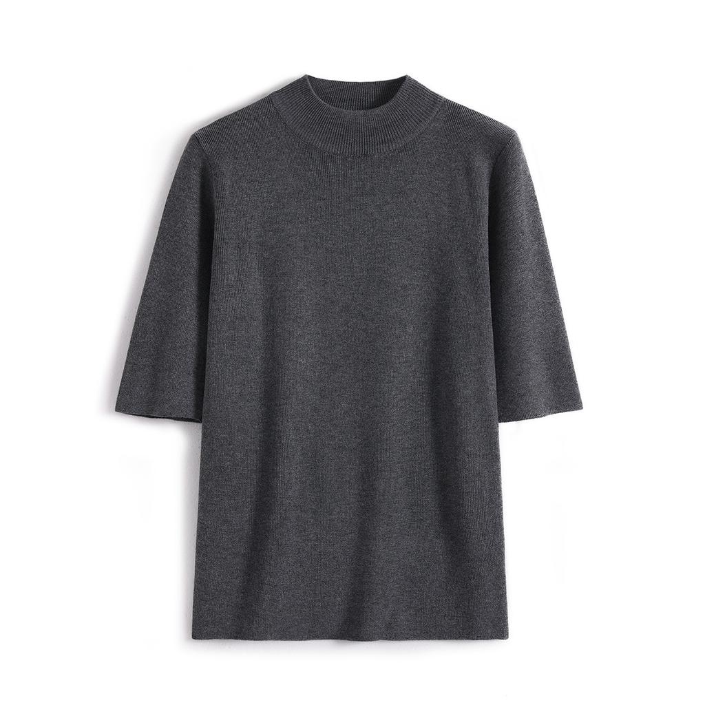Women Korean Solid Color Mock Neck Knit Sweater Half‑Sleeve Slim Fit Pullover Base Layer Top Spring Autumn 2024