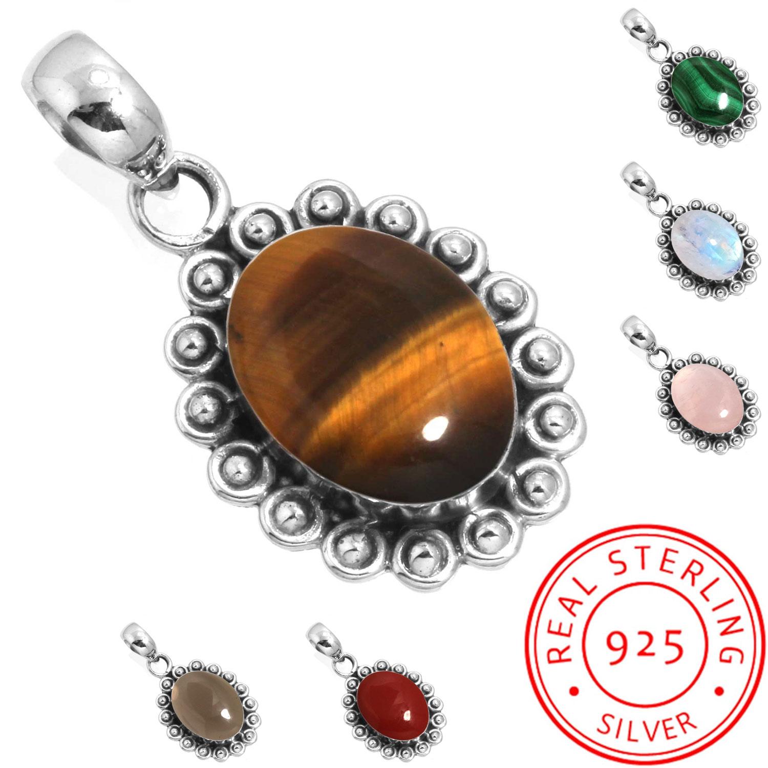 

925 Sterling Silver Pendant Women Gemstone Handmade Jewelry Friendship Day Gift Malachite Moonstone Rose Quartz Red Stone Smoky Topaz Tiger Eye тигрове око кольору