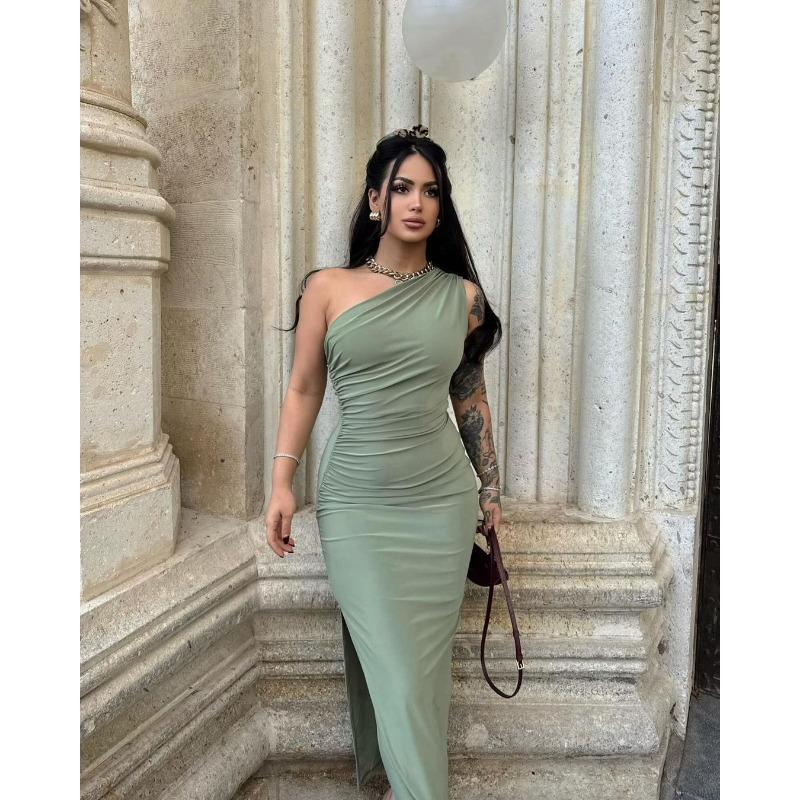 

Летнее однотонное платье-bodycon на одно плечо без рукавов со сборками и разрезом Новое женское однотонное платье для вечеринки, вечернее платье, однотонная элегантная одежда S зелёный