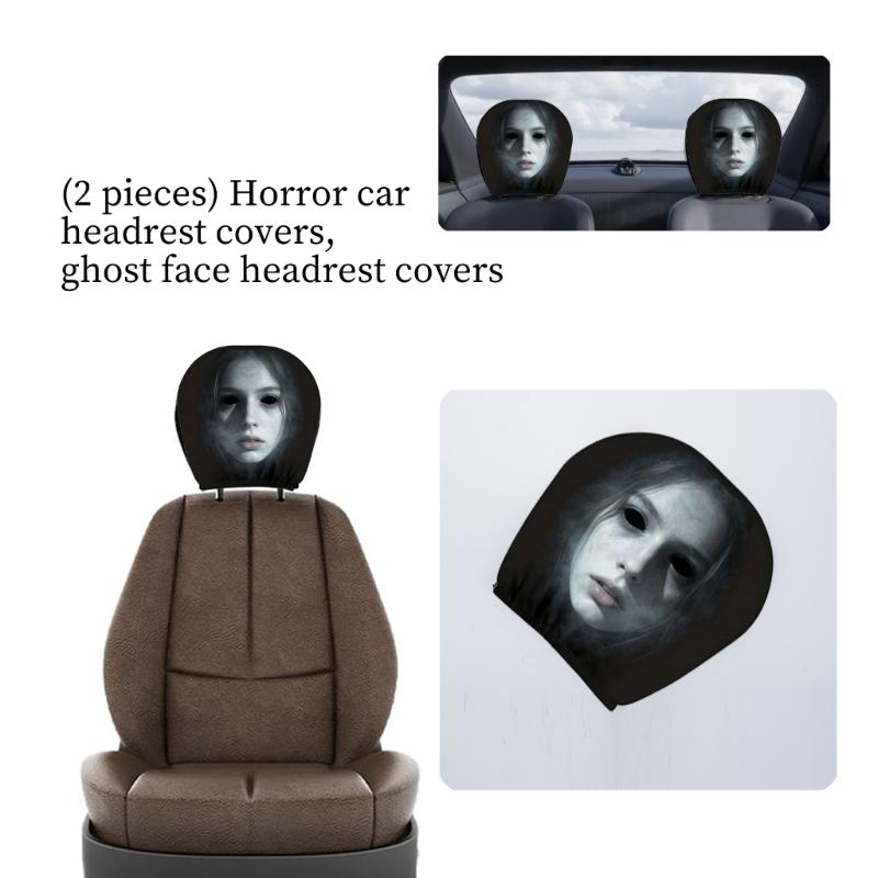 Vehicle Headrest Cover Set with Dark Print Halloween Theme, 2 Piece Polyester Pull-On Headrest Sleeve for Spooky Seat Styling Use